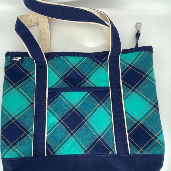 Lands End Plaid Tote Bag Canvas Open Top Seafoam Teal Green Blue 11 x 13 x 6 in - Picture 1 of 11